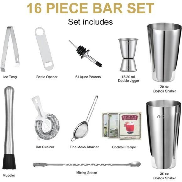 Bartender Kit Cocktail Shaker Set 16 Piece Bar Tools Drink Mixer Accessories - Picture 4 of 7